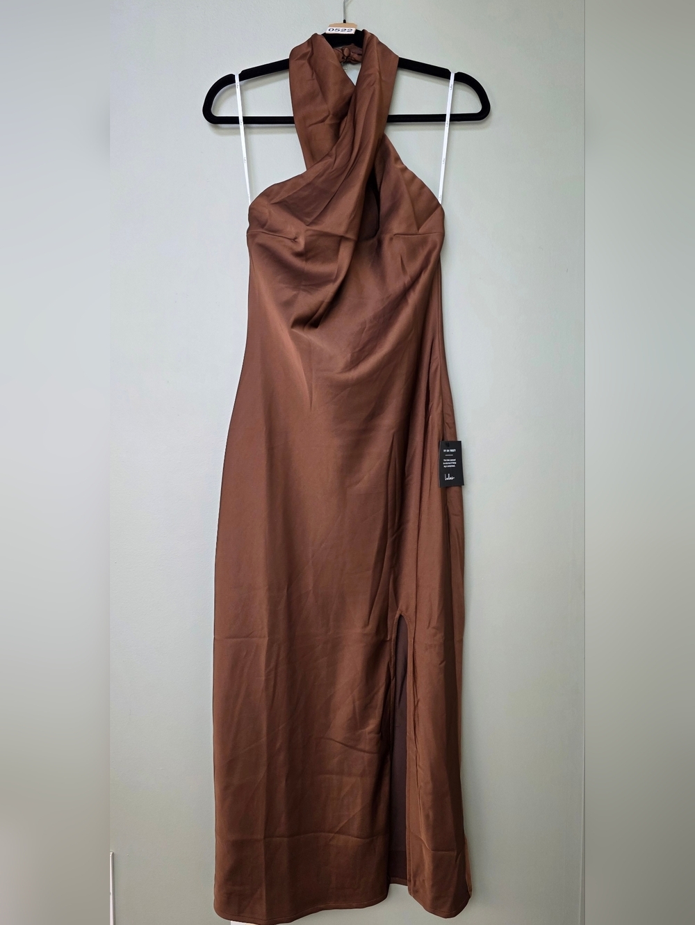 Lulus L Beyond Classy Brown Satin Halter Backless Midi Dress, Size Large - Picture 5 of 12